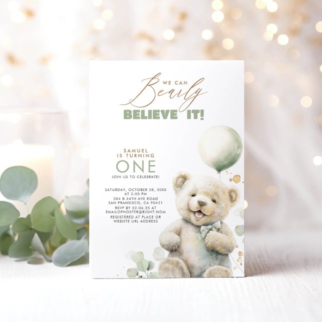 Teddy Bear Cute Birthday Party Invitation (Bear Themed 1st Birthday Invitations - We Can Bearly Believe It!)