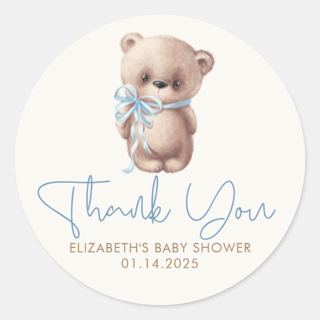 Teddy Bear Cute Blue Brown Baby Shower Thank You Classic Round Sticker (Front)