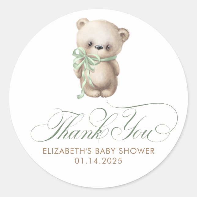 Teddy Bear Cute Brown Sage Baby Shower Thank You Classic Round Sticker (Front)