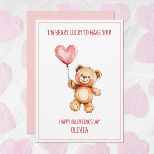 Teddy Bear Cute Kids Pink Happy Valentine's Day Holiday Card