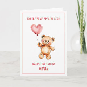 Teddy Bear Cute Pink Balloon Happy 2nd Birthday Card