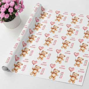 Teddy Bear Cute Pink Balloon Kids Happy Birthday Wrapping Paper