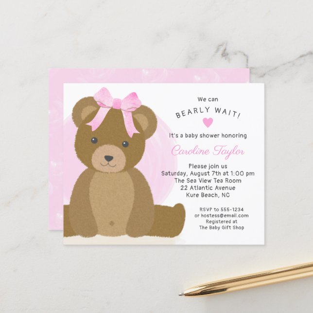 Teddy Bear Cute Pink Bow Baby Girl Shower Invite (Front/Back In Situ)