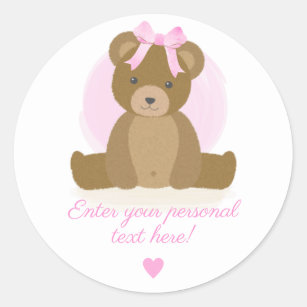 Teddy Bear Cute Pink Hair Bow Baby Girl Shower Classic Round Sticker