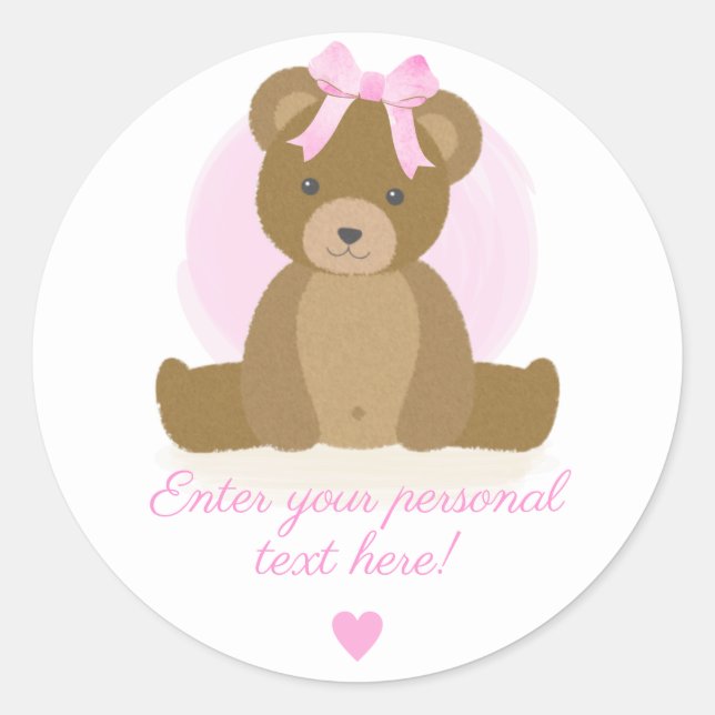 Teddy Bear Cute Pink Hair Bow Baby Girl Shower Classic Round Sticker (Front)