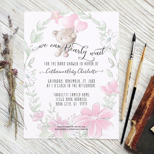 Teddy Bear Cute w Balloons Floral Baby Girl Shower Invitation (Creator Uploaded)