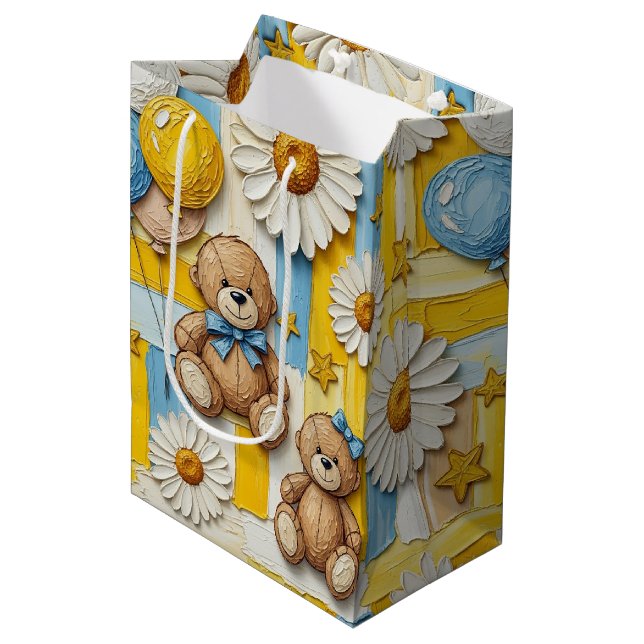 Teddy Bear Daisy Garden Pattern (11) Medium Gift Bag (Front Angled)