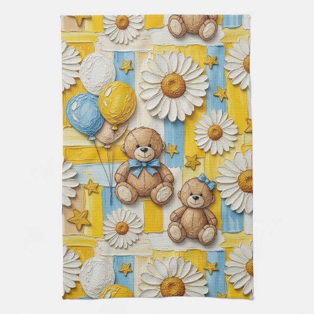 Teddy Bear Daisy Garden Pattern (11) Tea Towel (Vertical)