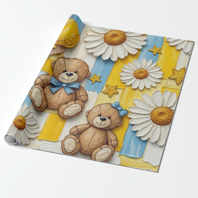 Teddy Bear Daisy Garden Pattern (11) Wrapping Paper (Unrolled)