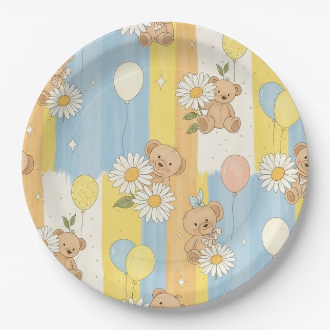 Teddy Bear Daisy Garden Pattern (12) Paper Plate (Front)