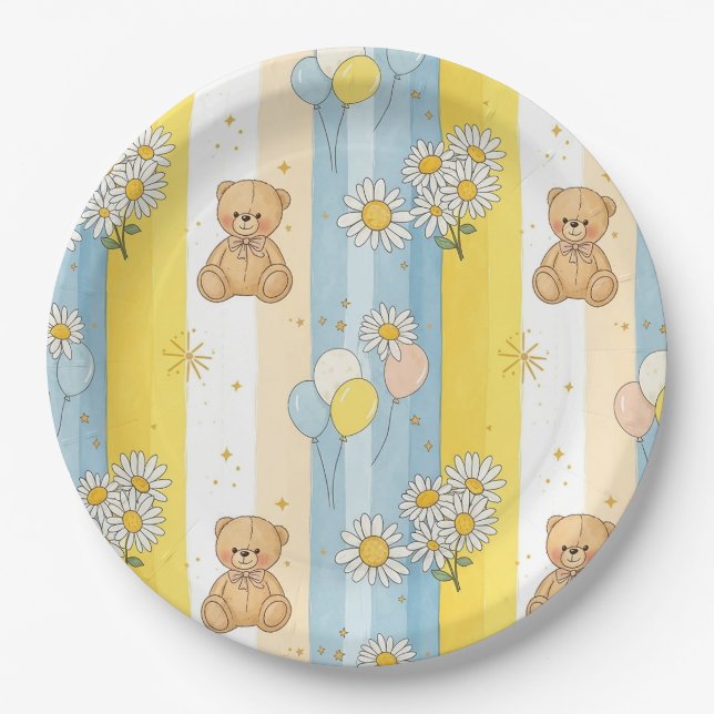 Teddy Bear Daisy Garden Pattern (13) Paper Plate (Front)