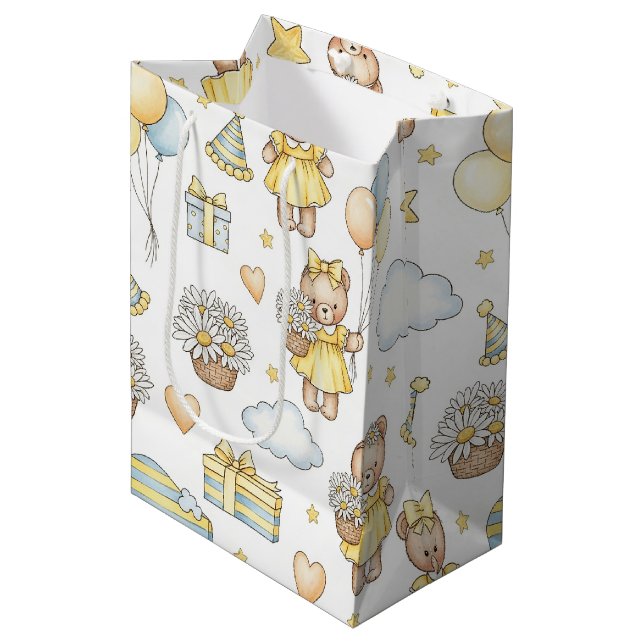 Teddy Bear Daisy Garden Pattern (14) Medium Gift Bag (Front Angled)