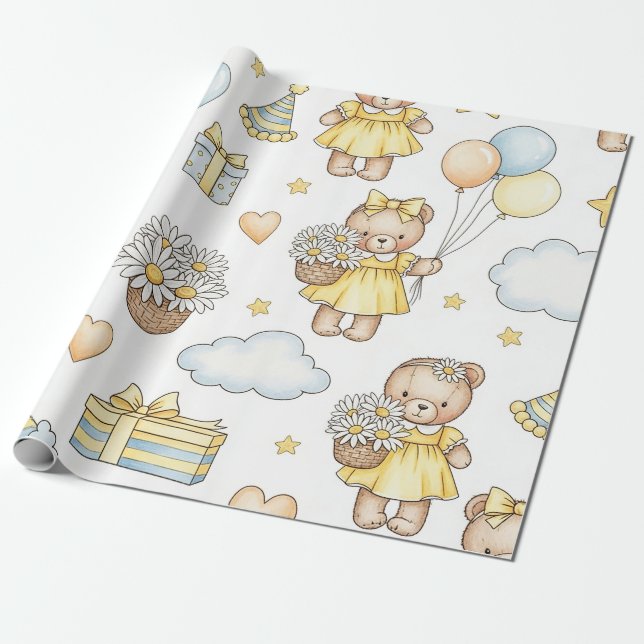 Teddy Bear Daisy Garden Pattern (14) Wrapping Paper (Unrolled)