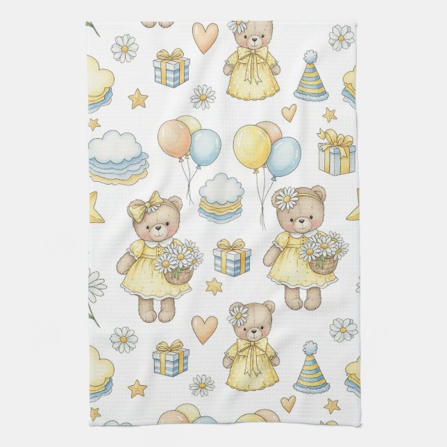 Teddy Bear Daisy Garden Pattern (16) Tea Towel (Vertical)