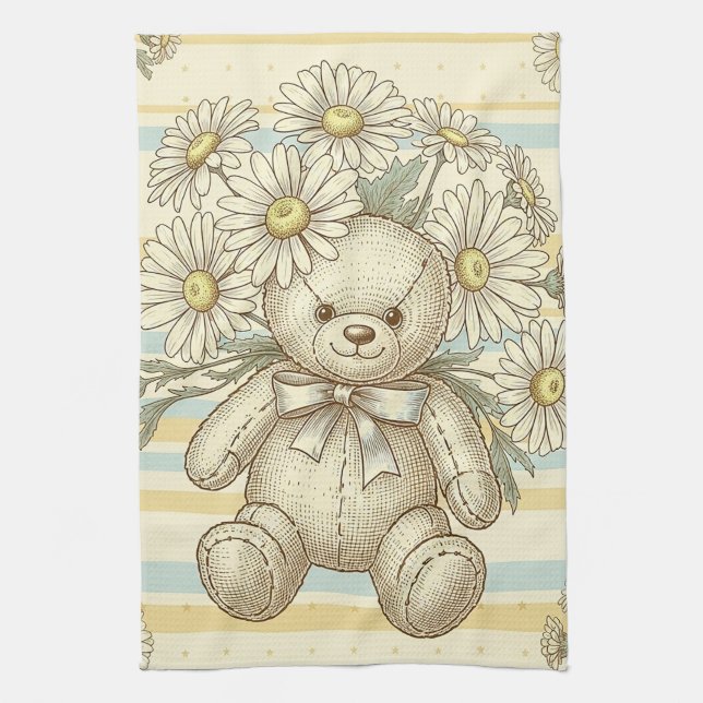 Teddy Bear Daisy Garden Pattern (1) Tea Towel (Vertical)