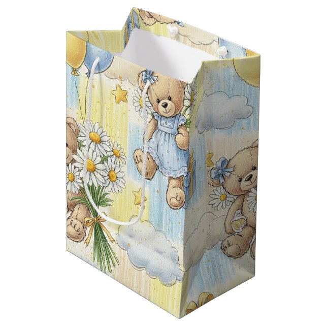 Teddy Bear Daisy Garden Pattern (2) Medium Gift Bag (Front Angled)