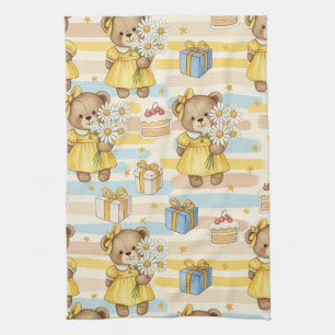Teddy Bear Daisy Garden Pattern (5) Tea Towel
