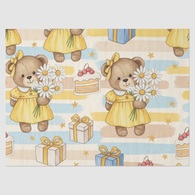 Teddy Bear Daisy Garden Pattern (5) Tissue Paper (Front)