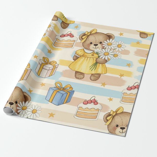 Teddy Bear Daisy Garden Pattern (5) Wrapping Paper (Unrolled)