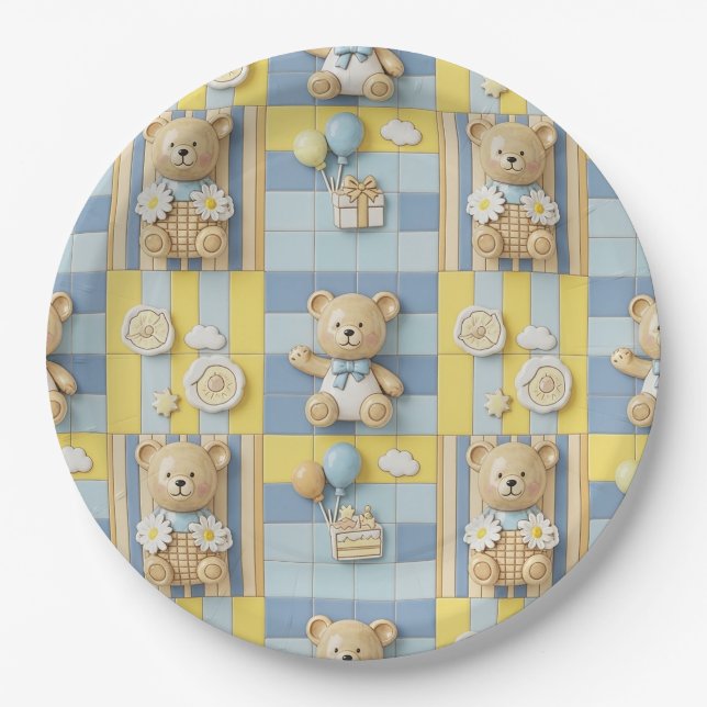 Teddy Bear Daisy Garden Pattern (7) Paper Plate (Front)