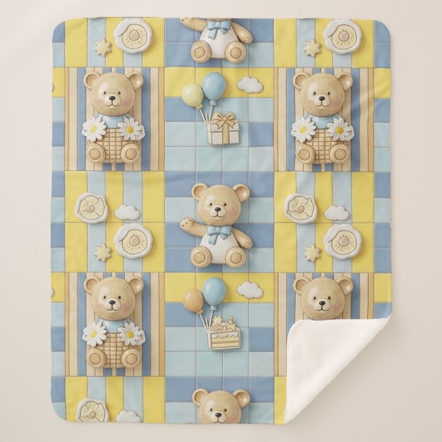 Teddy Bear Daisy Garden Pattern (7) Sherpa Blanket (Front)