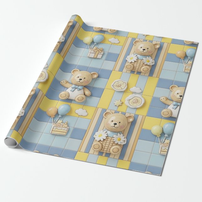 Teddy Bear Daisy Garden Pattern (7) Wrapping Paper (Unrolled)