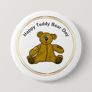 Teddy Bear Day Button with Patched, Loved Bear