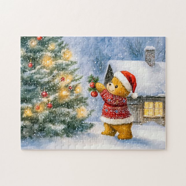 Teddy Bear Decorating a Christmas Tree in snowing  Jigsaw Puzzle (Horizontal)