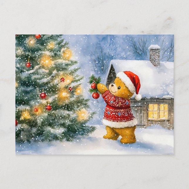 Teddy Bear Decorating a Christmas Tree in snowing  Postcard (Front)