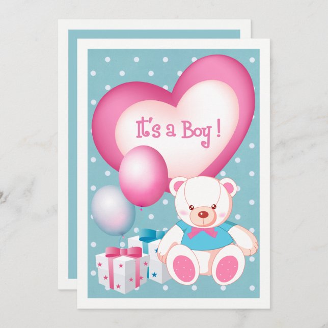 Teddy Bear Design Baby Boy Birth Announcement (Front/Back)