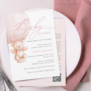 Teddy Bear Details QR Code Girl Baby Shower Invitation