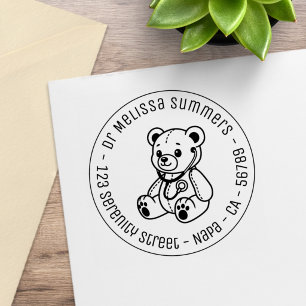Teddy Bear Doctor Paediatrician Round Address Rubber Stamp