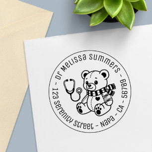 Teddy Bear Doctor Paediatrician Round Address V2 Self-inking Stamp