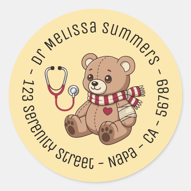 Teddy Bear Doctor Round Text Yellow Classic Round Sticker (Front)