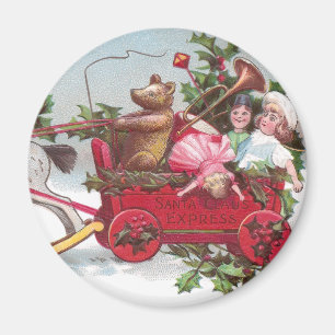 Teddy Bear, Dolls and Wagon Vintage Christmas Magnet