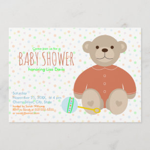 Teddy Bear Dressed in Coral Baby Shower Invitation