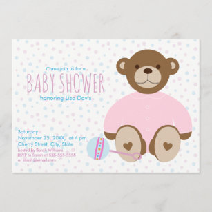 Teddy Bear Dressed in Pink Baby Shower Invitation