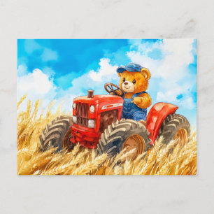  Teddy Bear Driving a Tractor in Wheat Field Postcard