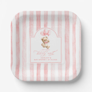 Teddy Bear Elegant Light Pink Stripes Baby Shower Paper Plate