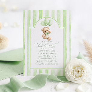 Teddy Bear Elegant Sage Green Stripes Baby Shower Invitation