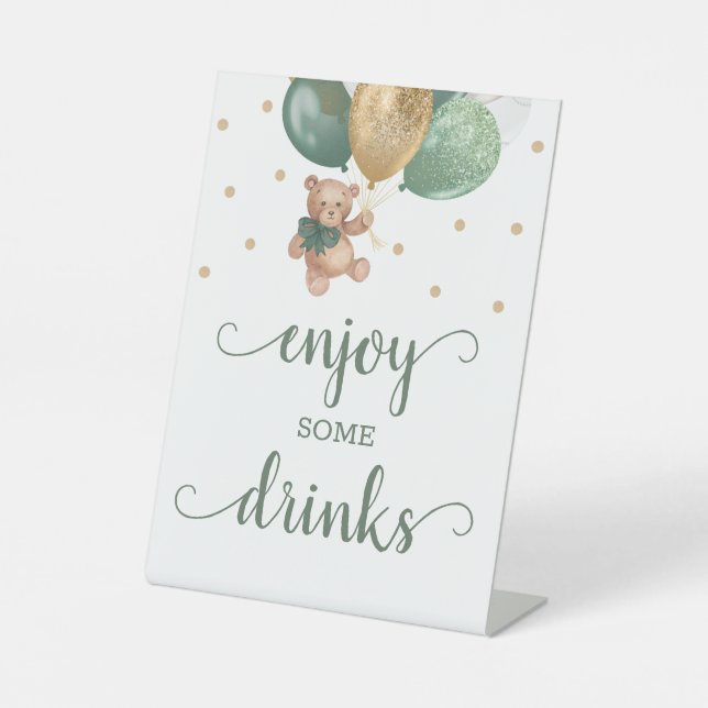 Teddy Bear Enjoy Some Drinks Baby Shower Bar Pedestal Sign (Front)