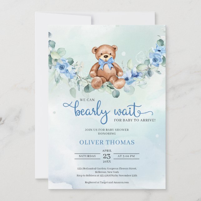 Teddy Bear Eucalyptus Wreath Boy Baby Shower Invitation (Front)