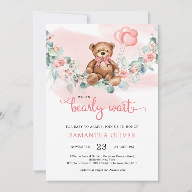 Teddy Bear Eucalyptus Wreath Girl Baby Shower Invi Invitation (Front)
