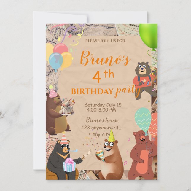 Teddy Bear Explorer Birthday Invitation  (Front)