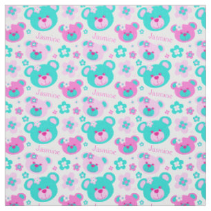 Teddy bear faces pink aqua white pattern fabric