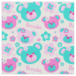 Teddy bear faces pink aqua white pattern fabric