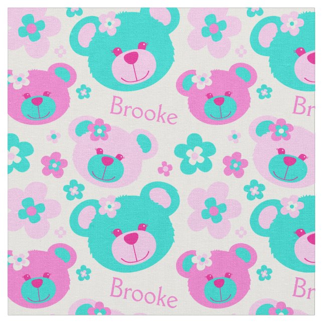 Teddy bear faces pink aqua white pattern fabric (Close Up)