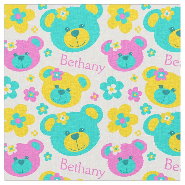 Teddy bear faces pink aqua yellow pattern fabric (Close Up)