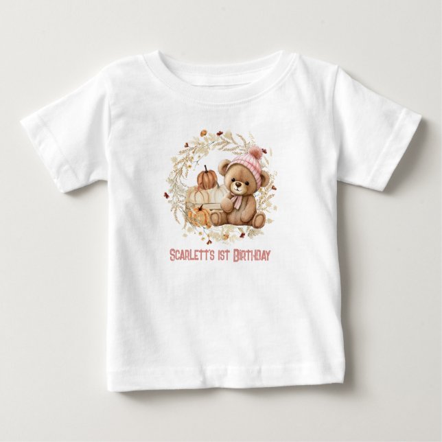 Teddy Bear Fall 1st Birthday Pumpkins Name Girl Baby T-Shirt (Front)