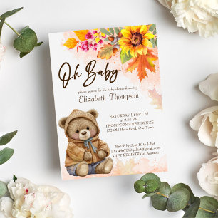 Teddy bear fall autumn foliage baby shower invitation